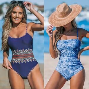 NWT Cupshe Paisley Scoop Neck & Blue Square Neck One-Piece Swimsuit Bundle Sz M